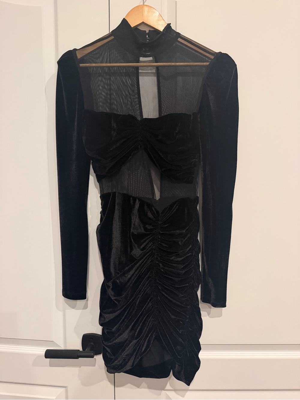 PatBO Black Velvet Sheer Mesh Ruched Mini